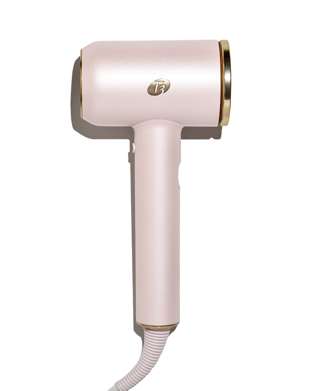 Pink hair dryer with gold accents on a white background