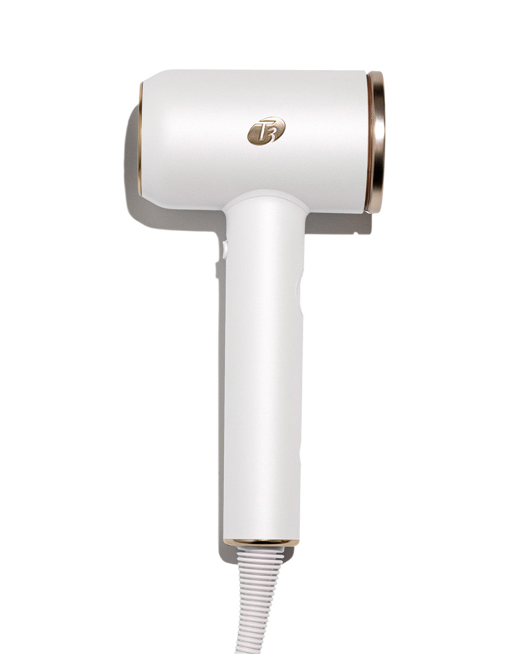 White hair dryer with gold accents on a white background