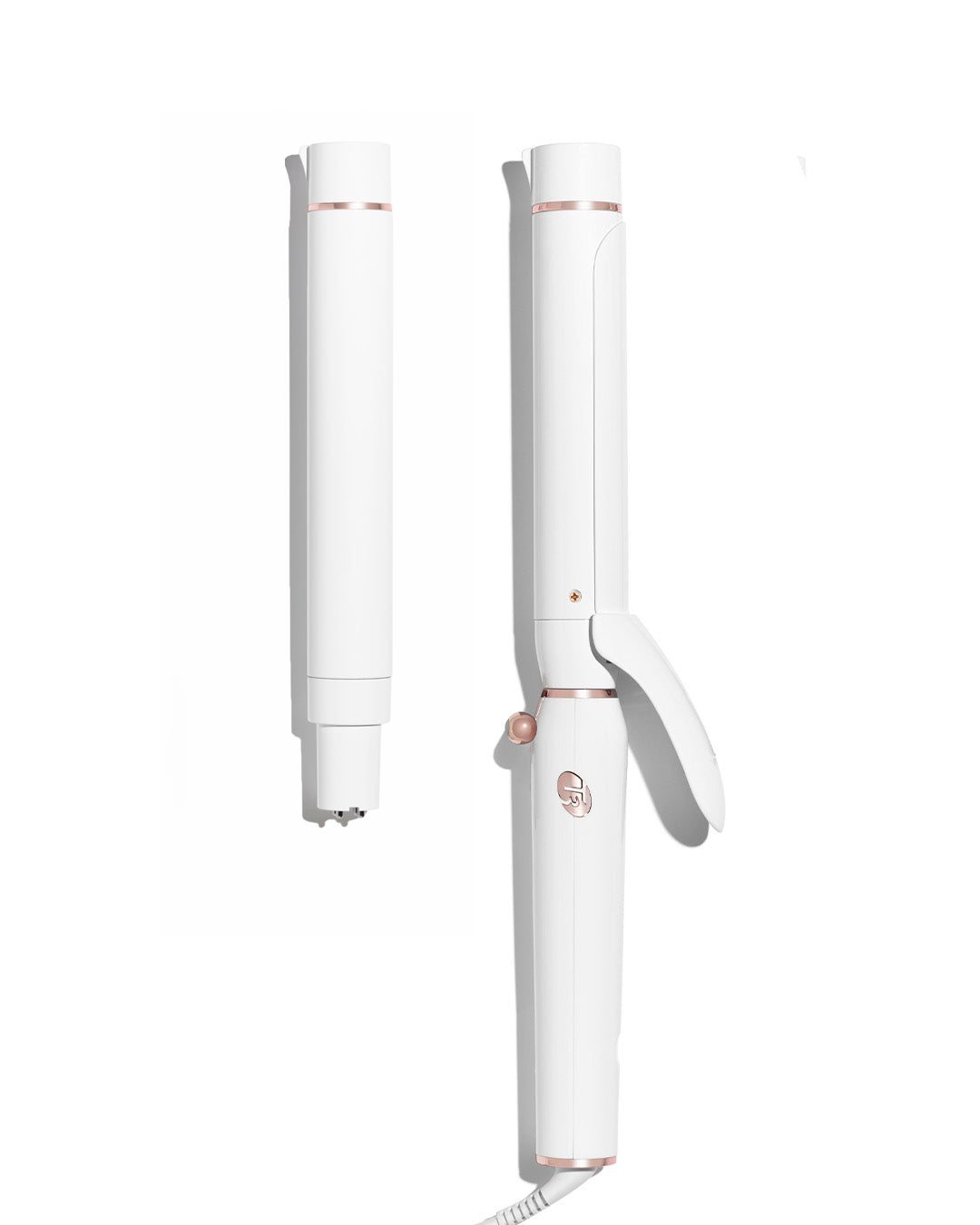 White and rose gold hair straightener on a white background