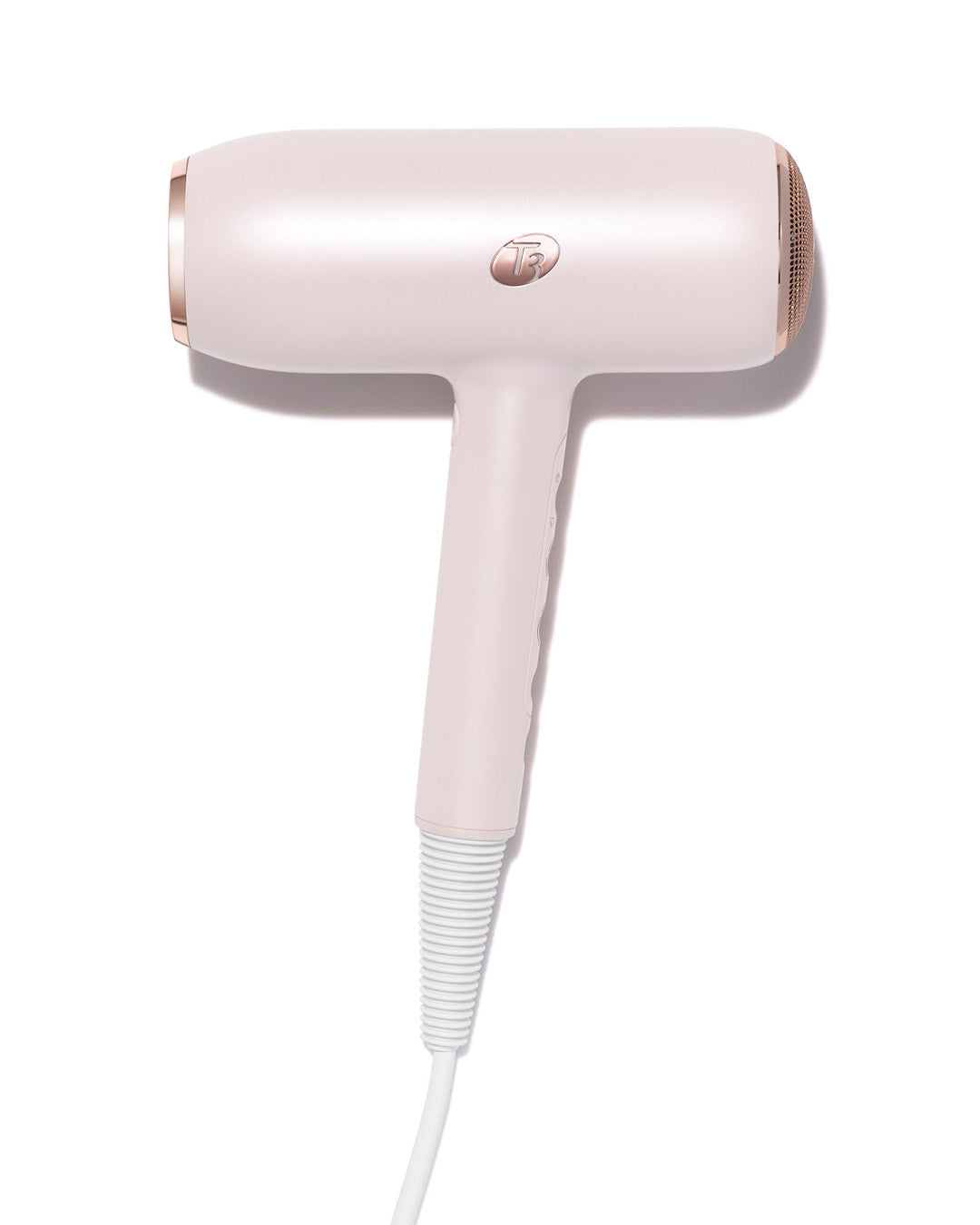 Pink and rose gold hair dryer on a white background