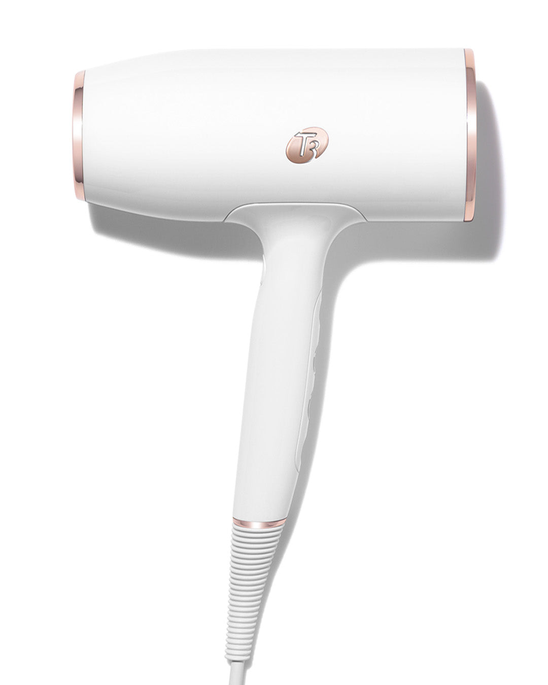 White hair dryer with rose gold accents on a white background