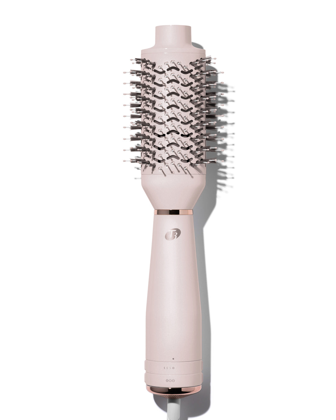 Pink hair styling tool with bristle brush head on a white background