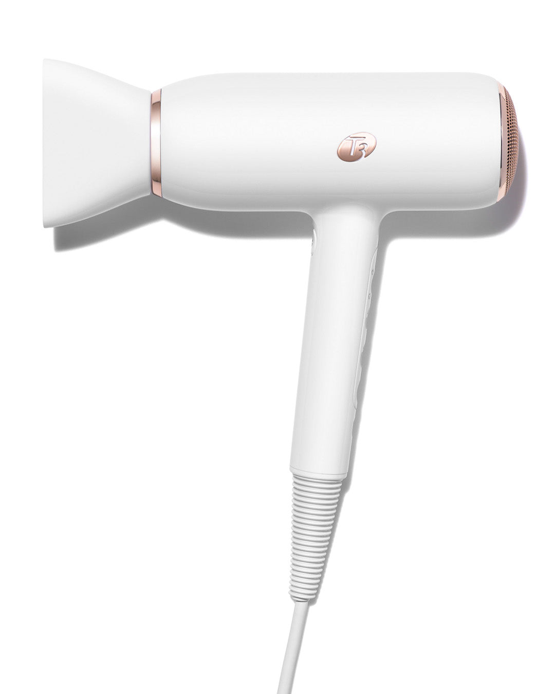 White hair dryer with rose gold accents on a white background