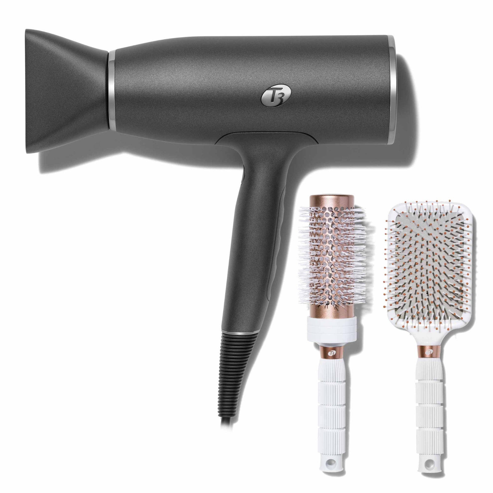 T3Micro.com exclusive: T3 AireLuxe graphite hair dryer sold with Volume 2.5 Round Brush and Smooth Paddle Brush