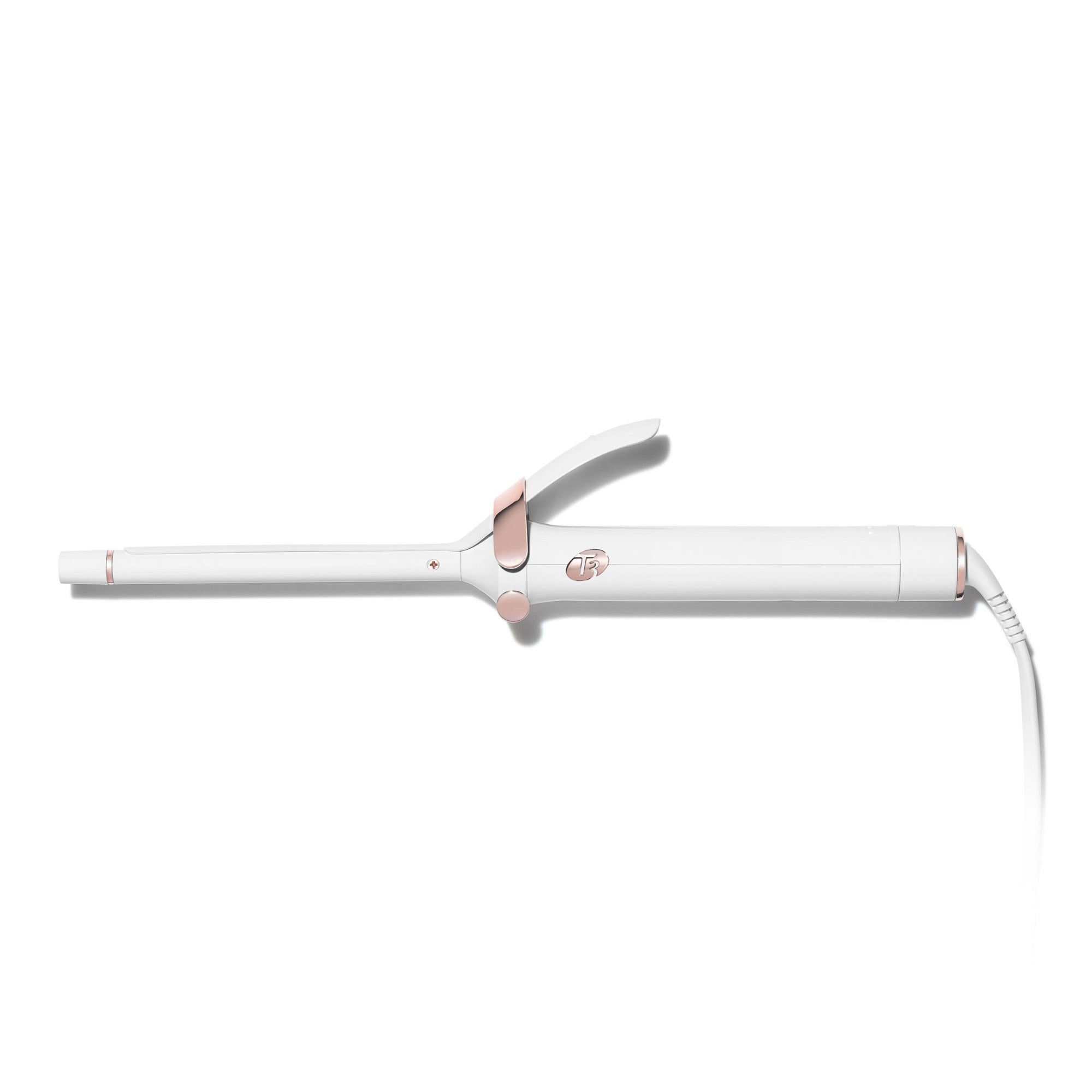 Side view of the 0.5” clip ceramic curling iron in white from T3’s SinglePass Collection