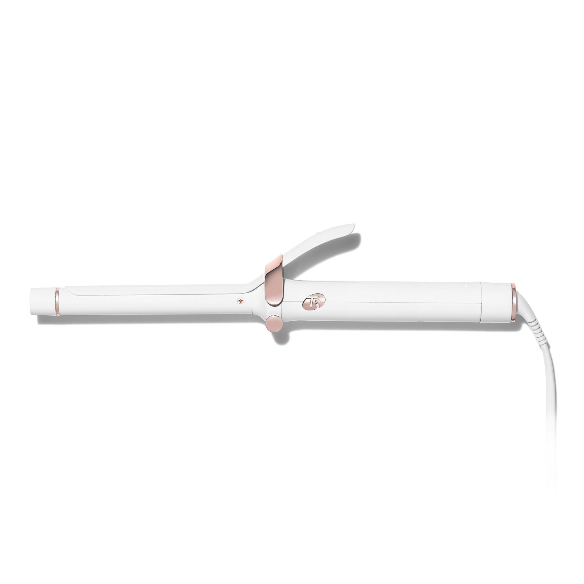 Side view of the 0.75” clip ceramic curling iron in white from T3’s SinglePass Collection