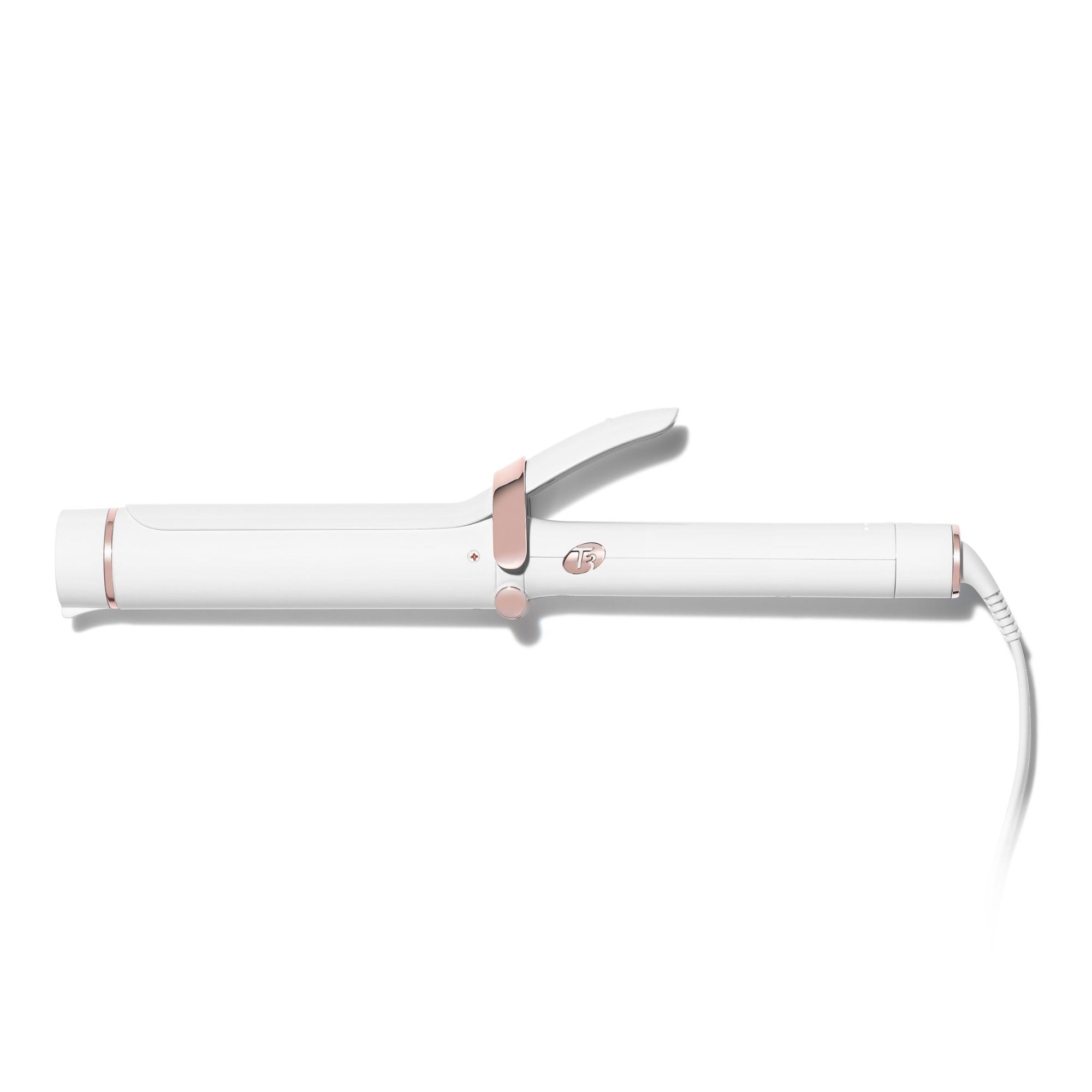 Side view of the 1.5” clip ceramic curling iron in white from T3’s SinglePass Collection